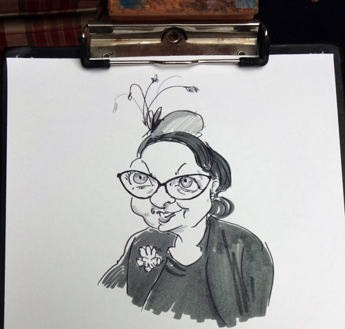 drawing of wedding guest by west midlands live caricaturist, hertfordshire