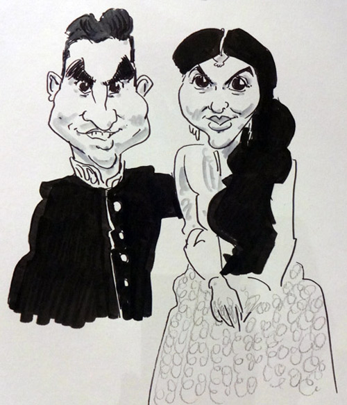 bride and groom live caricature, indian wedding in coventry