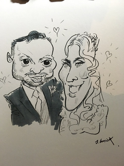 bride and groom caricature drawn at their wedding at the ashes