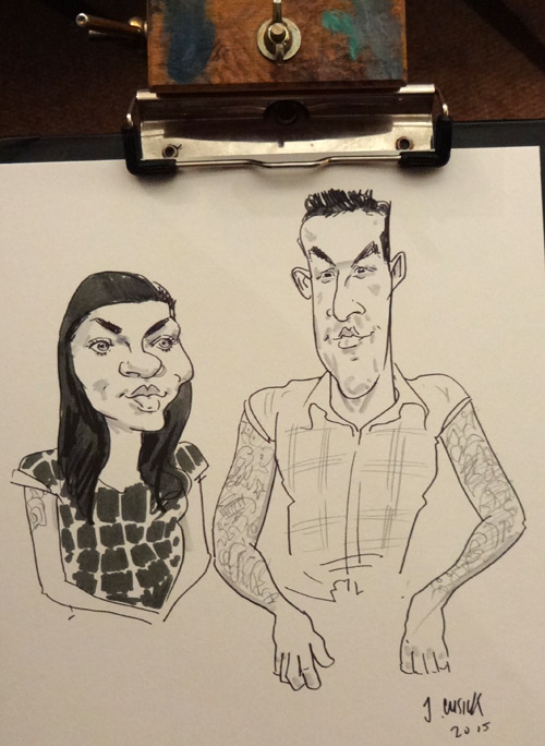 live caricature drawing, Telford, Shropshire wedding- guests with tattoo sleeve