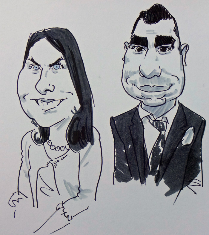 caricature drawing of wedding guests by live caricaturist, west midlands